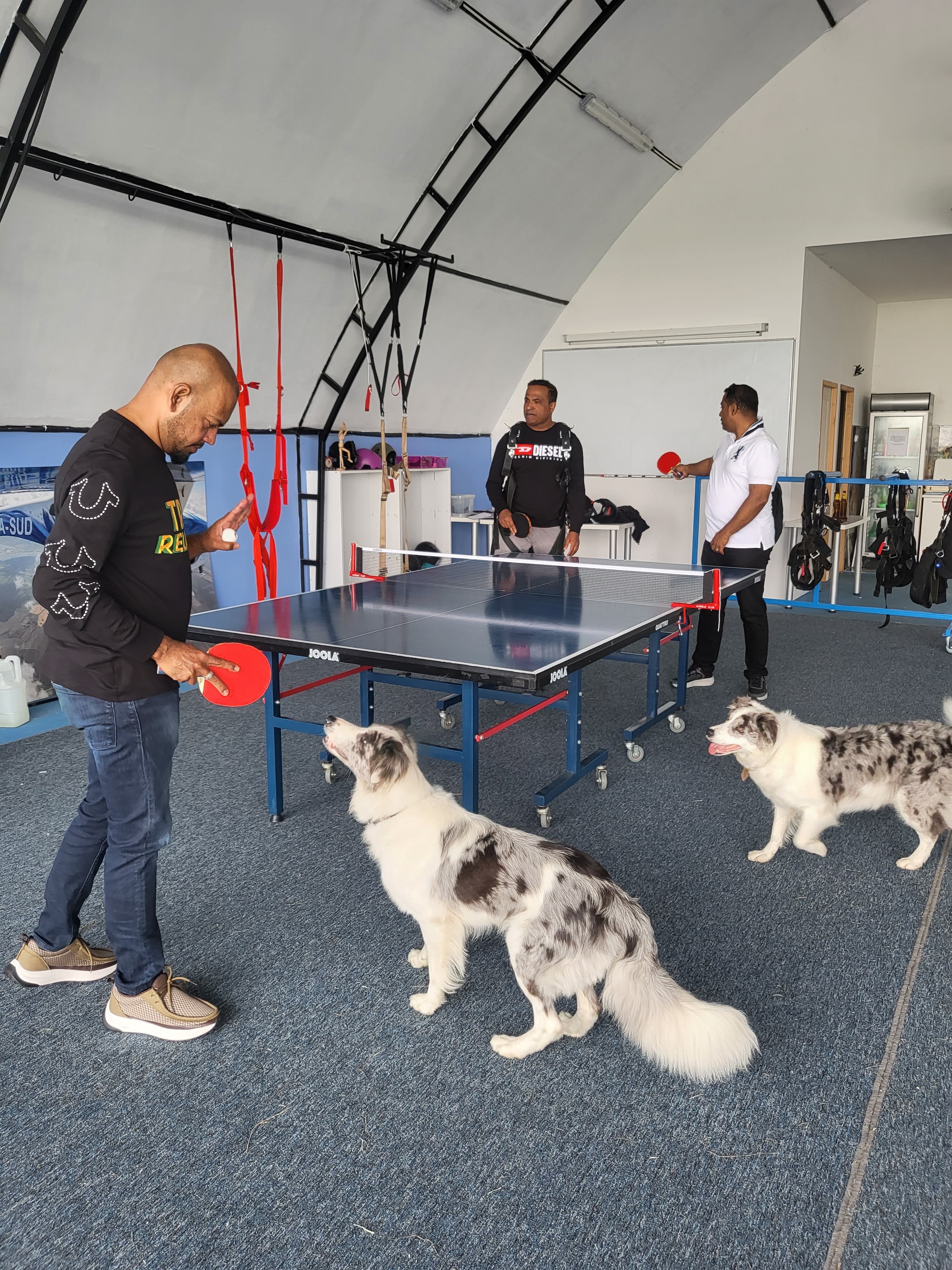 Tandem padobranci igraju stony tenis dok čekaju red na svoj tandem skok padobranom